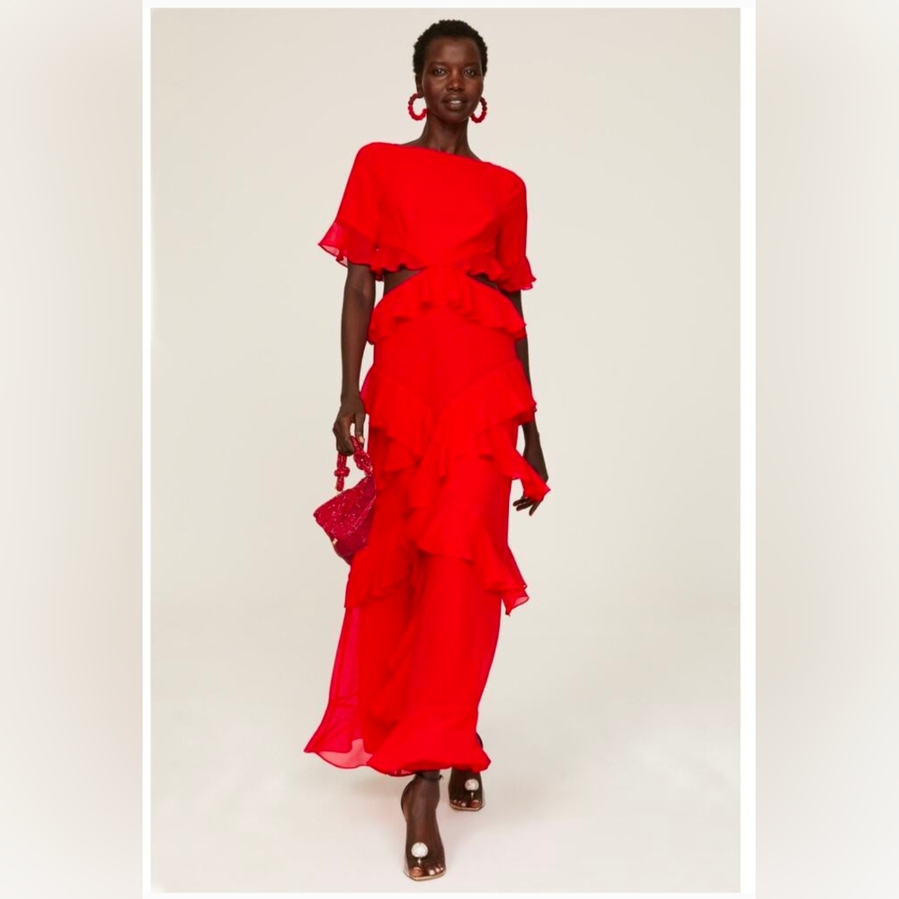 Fame and Partners Marse Red Ruffle Dress Gown Sz 6 Sleeves